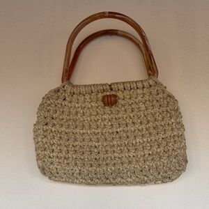 Beige Woven Bag with Bamboo Handles